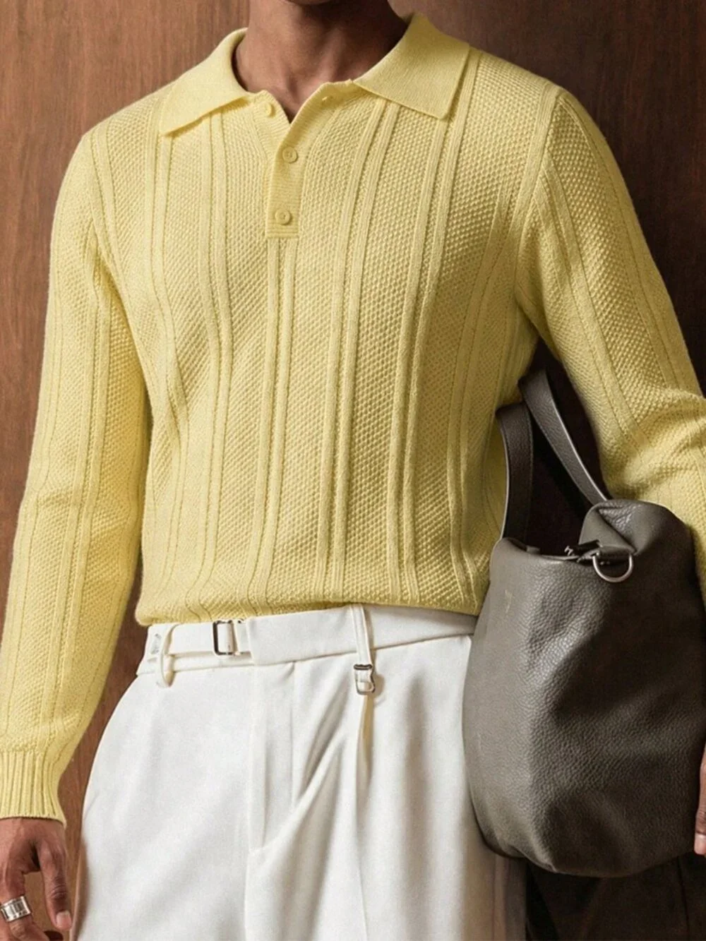 Light Yellow Casual Men's Long Sleeve Polo Sweater